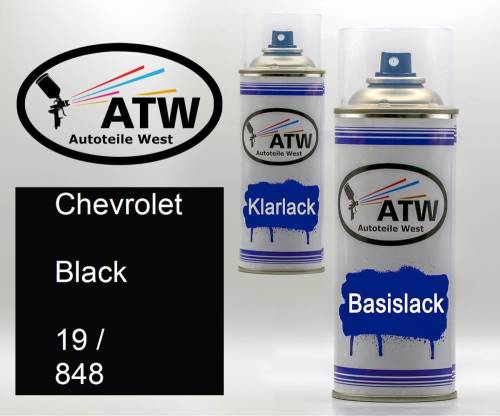 Chevrolet, Black, 19 / 848: 400ml Sprühdose + 400ml Klarlack - Set, von ATW Autoteile West.